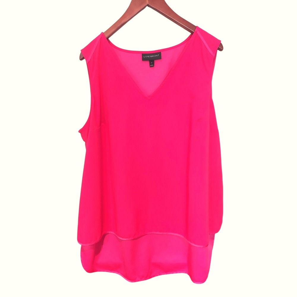 Lane Bryant Hot Pink V-Neck High-Low Double Layer Sleeveless Blouse Womens 16